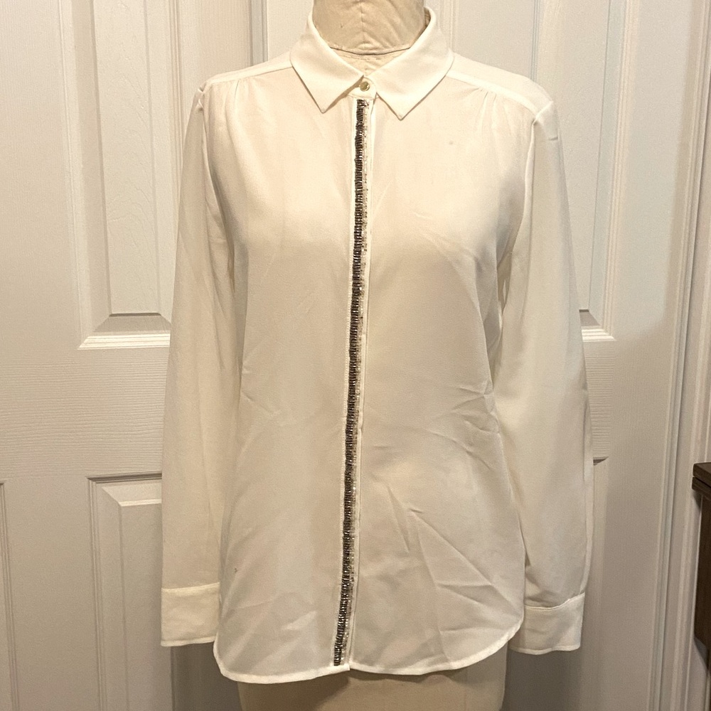 Liz Claiborne White Button Down Shirt with Beaded Accents, Size Medium